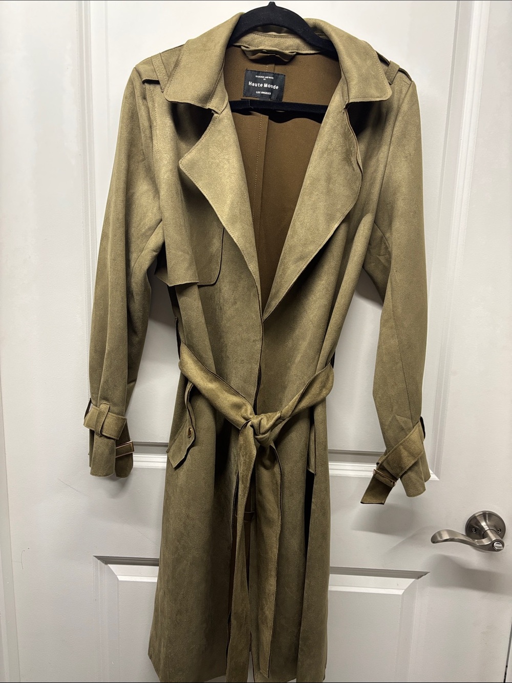 Haute Monde Olive Green Suede-Look Trench with Tie Waist